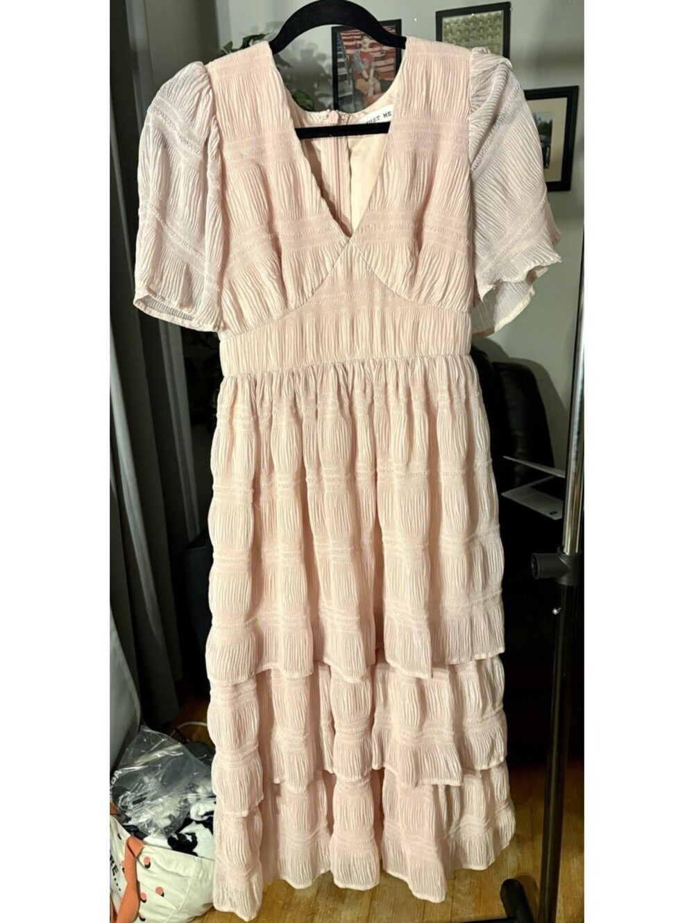 Just Me Tiered Flutter Sleeve Dress. Pink Sz S